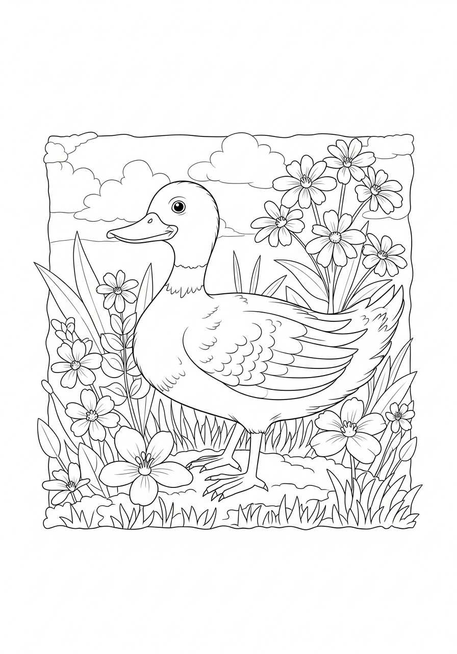Desenho de Pato entre flores para colorir