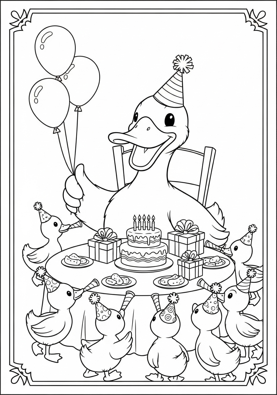 Desenho de Pato em festa de aniversário para colorir