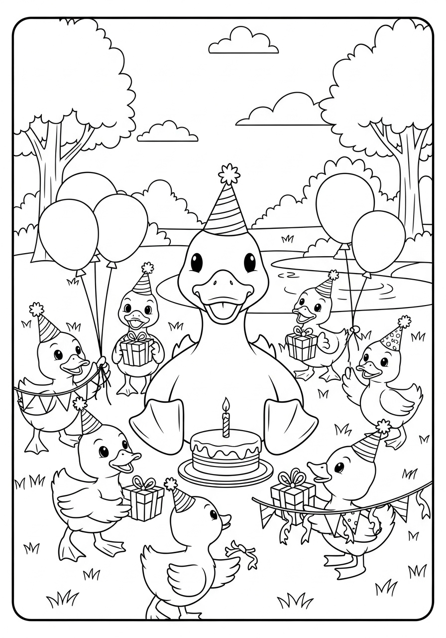 Desenho de Pato em festa de aniversário para colorir
