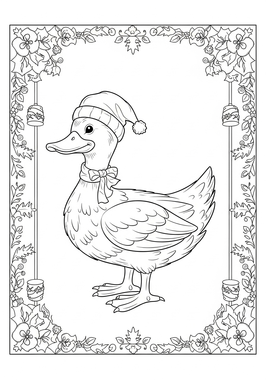 Desenho de Pato com gorro natalino para colorir