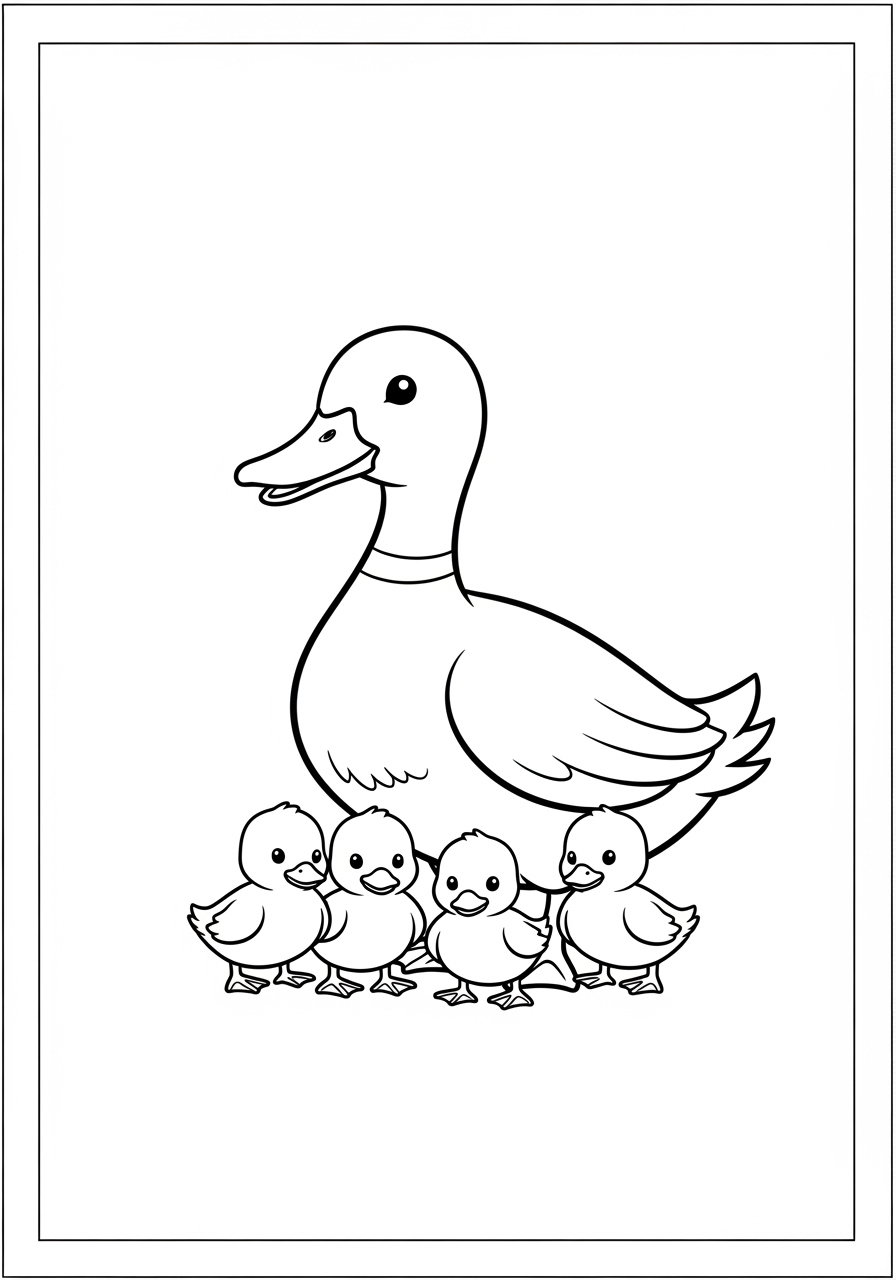 Desenho de Pato com filhotes para colorir