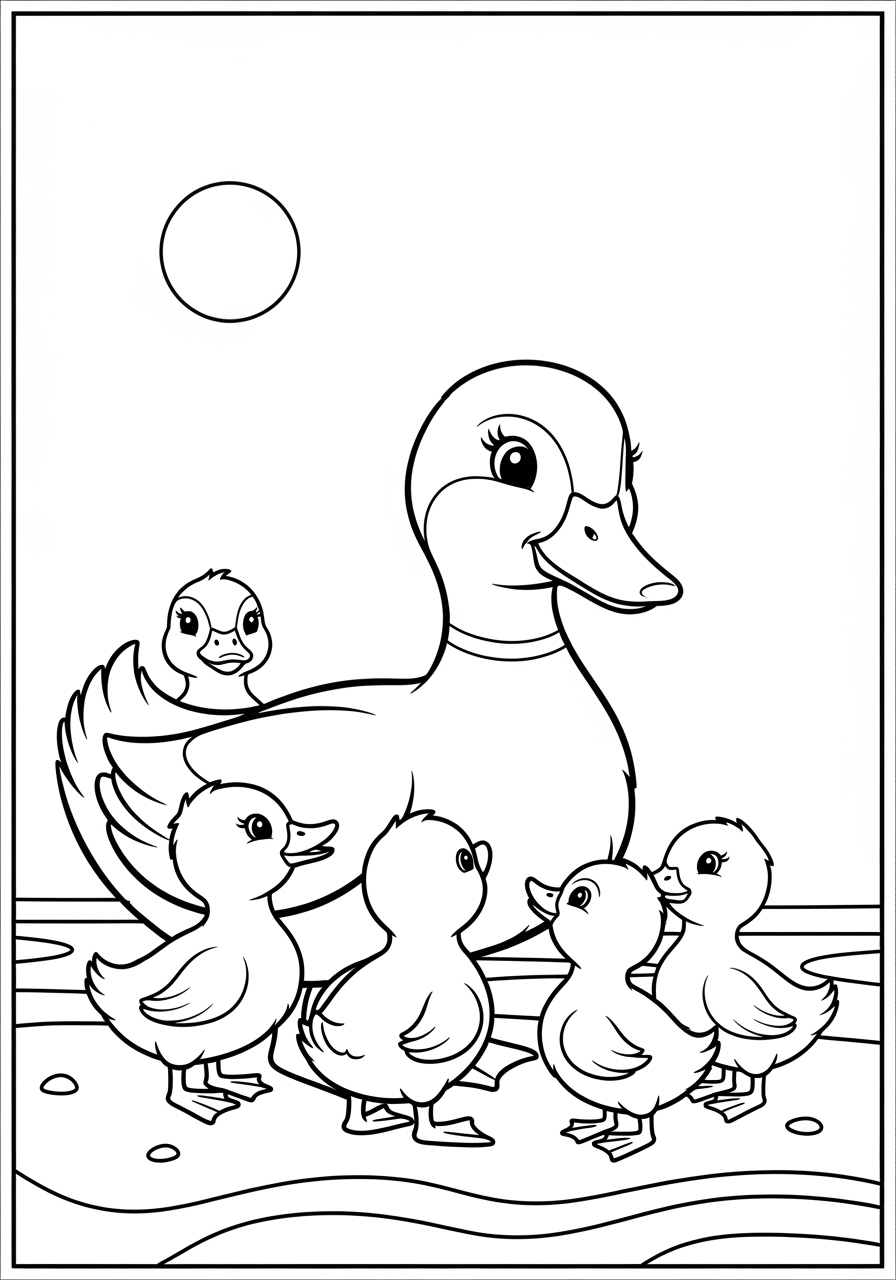 Desenho de Pato com patinhos para colorir
