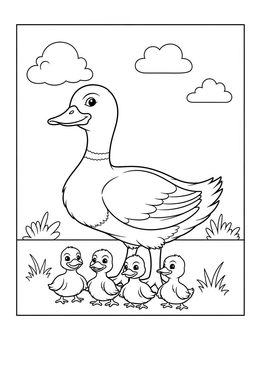 Desenho de Pato com patinhos para colorir