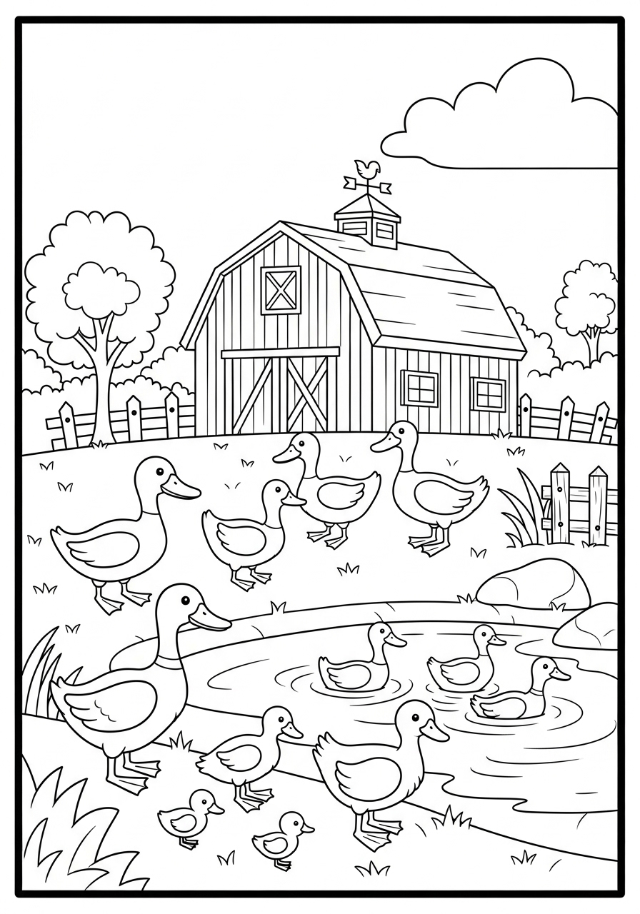 Desenho de patos na fazenda para colorir