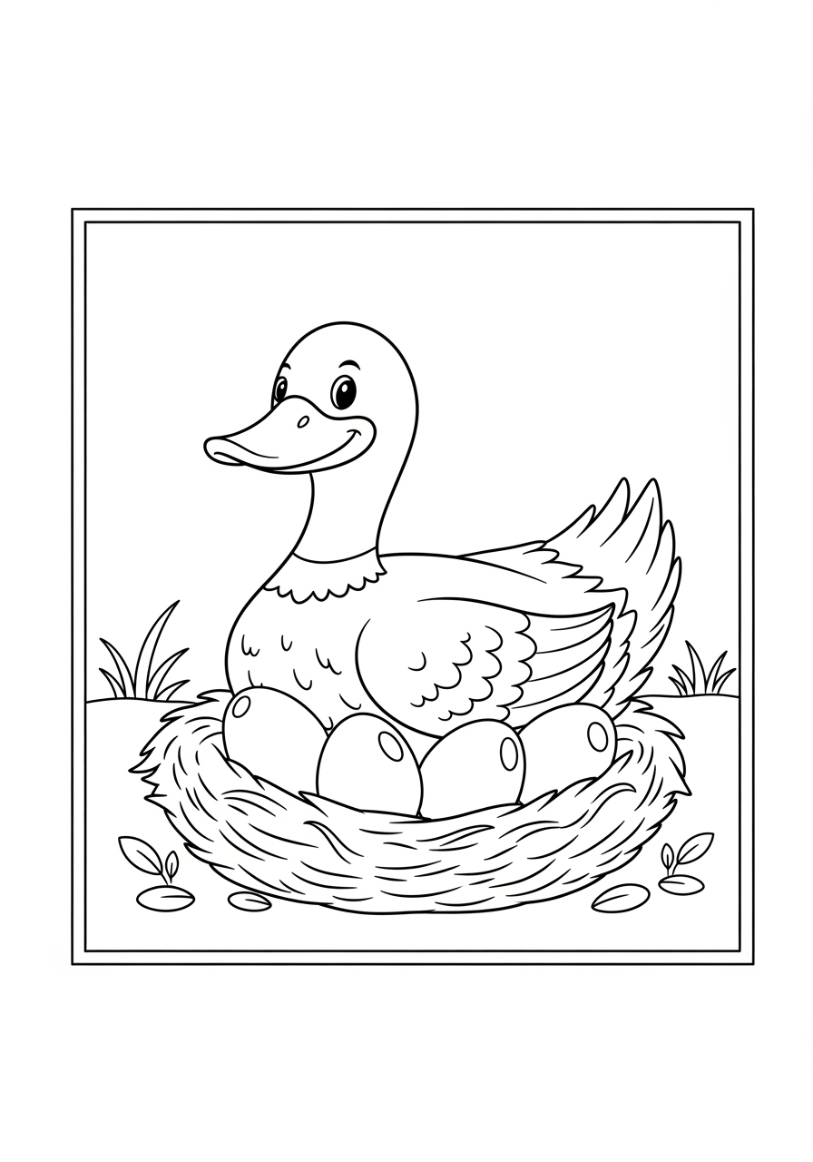 Desenho de Pato no ninho com ovos para colorir