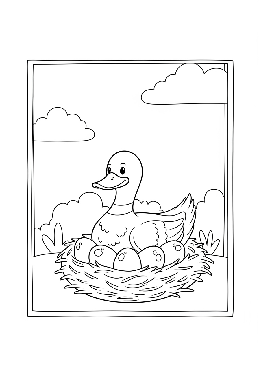 Desenho de Pato no ninho com ovos para colorir