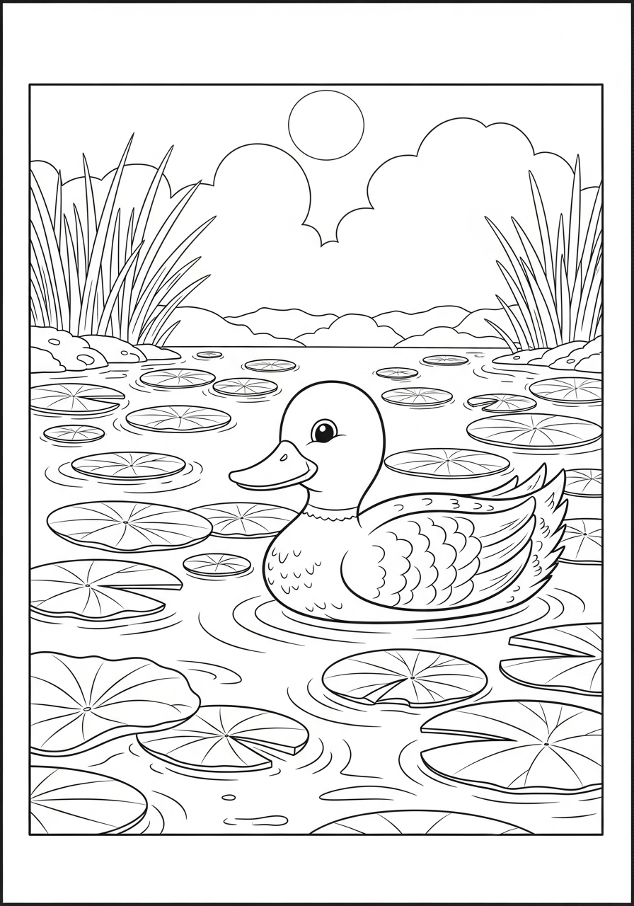 Desenho de Pato nadando entre plantas aquáticas