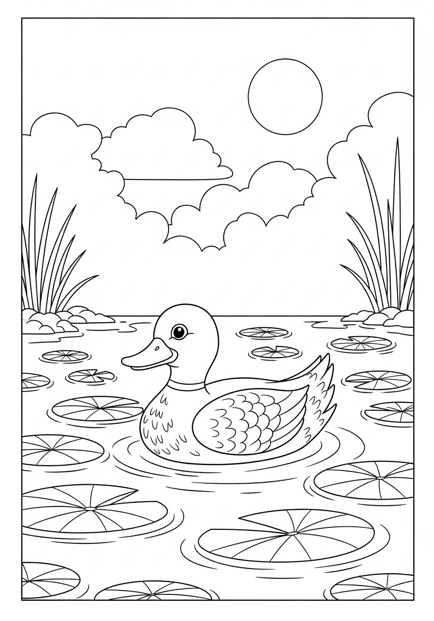 Desenho de Pato nadando com vitória-régia para colorir