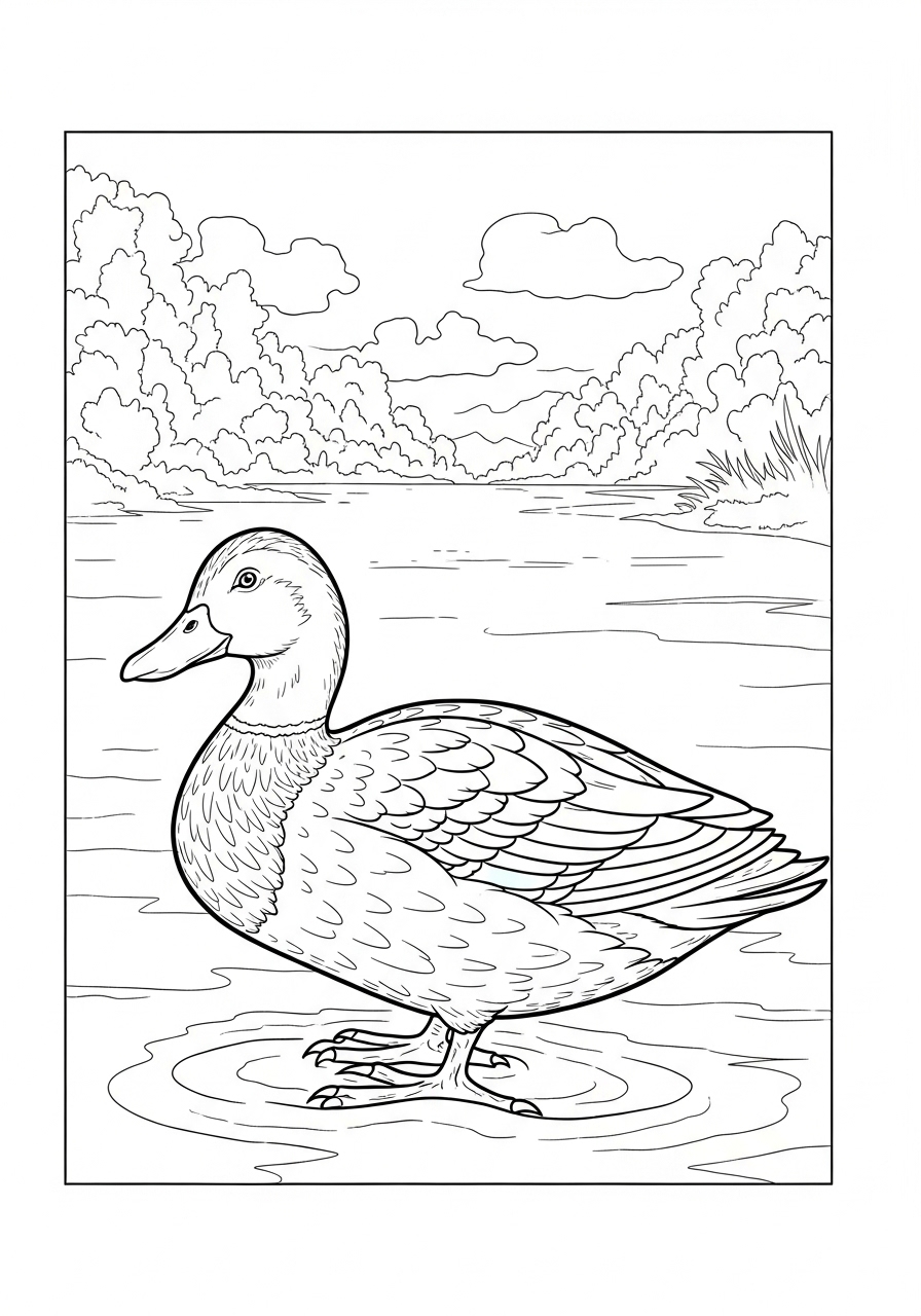 Desenho de Pato em lago tranquilo para colorir