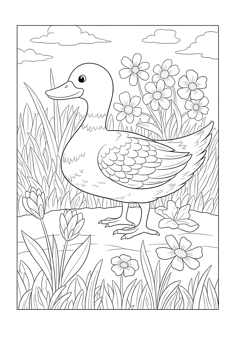 Desenho de Pato com flores para colorir