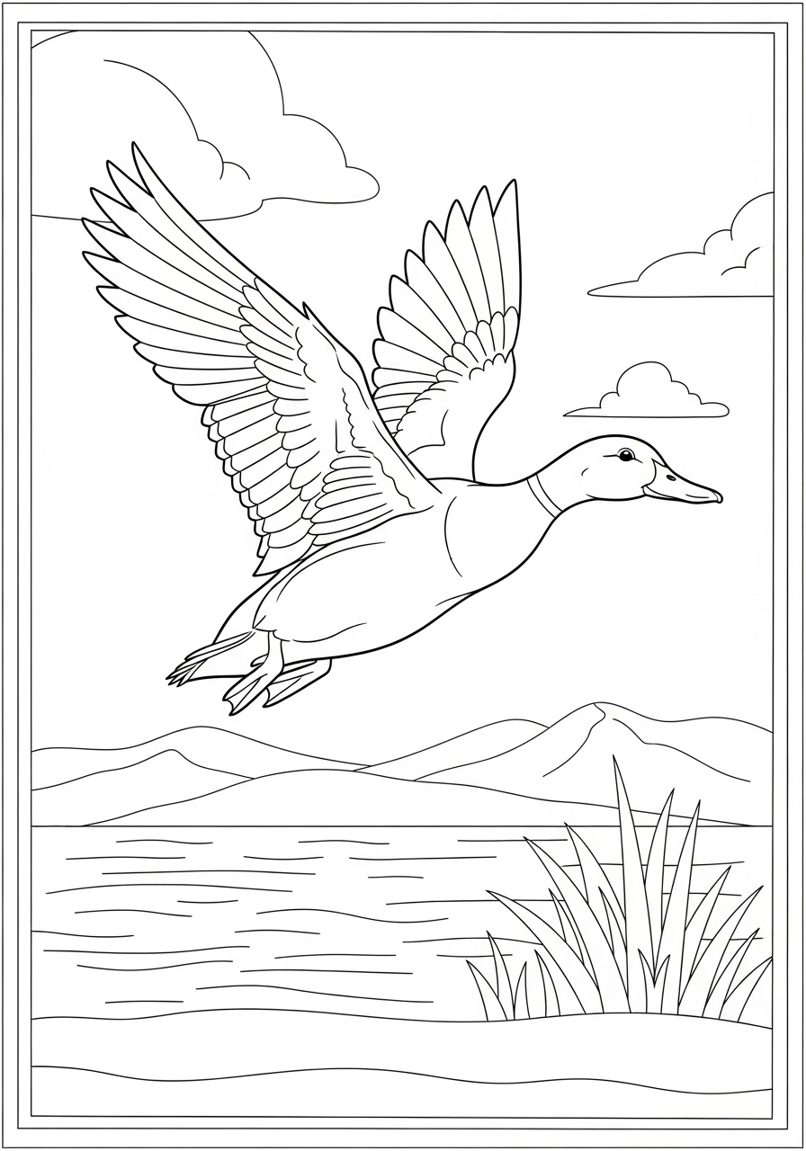 Desenho de Pato voando sobre lago para colorir