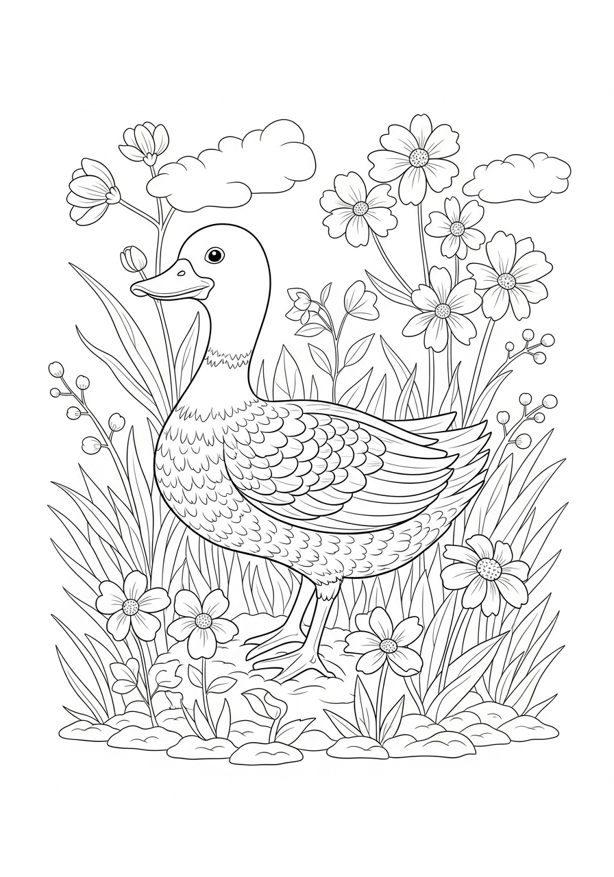 Desenho de Pato entre flores para colorir