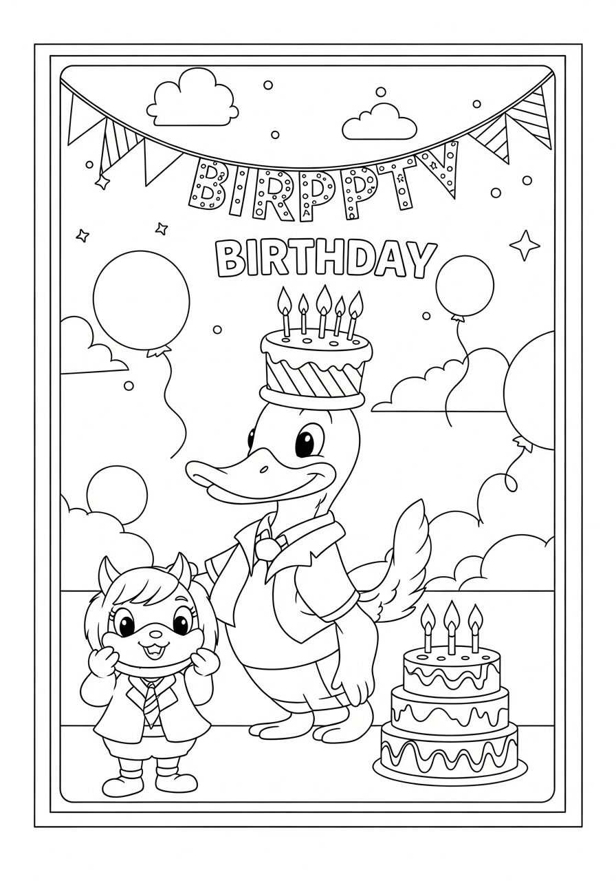 Desenho de Pato com bolo e balões para colorir