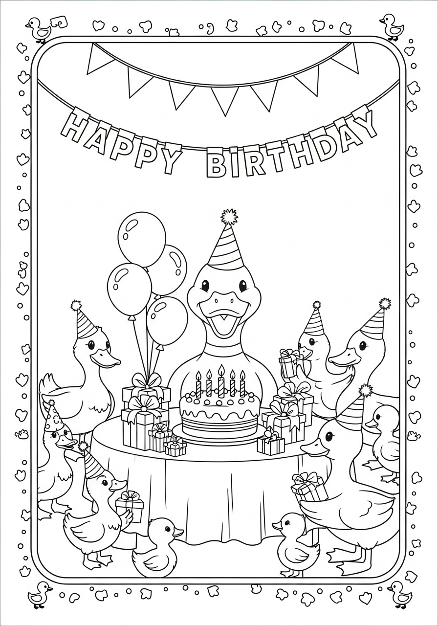 Desenho de Pato festa de aniversário para colorir