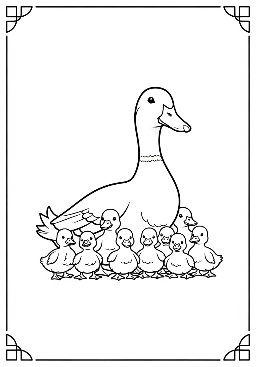 Desenho de Pato com patinhos para colorir