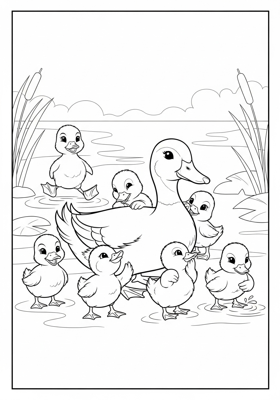 Desenho de Pato com filhotes para colorir
