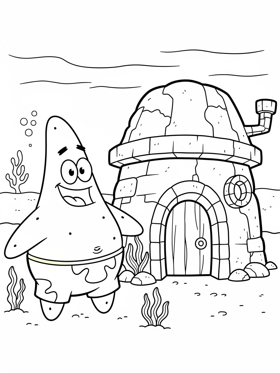 Desenho do Patrick Estrela ao lado de sua casa para colorir