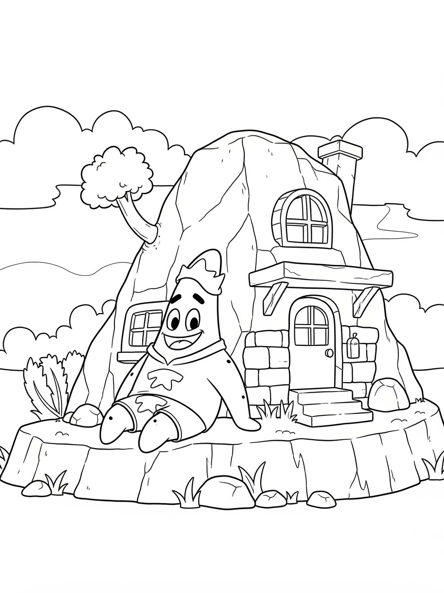 Desenho do Patrick Estrela ao lado da sua casa para colorir