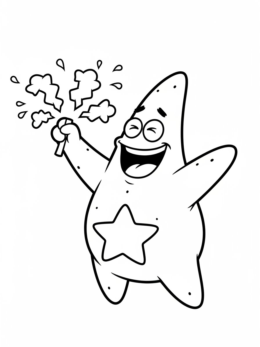 Desenho do Patrick Estrela Feliz com varinha de estrelas para colorir