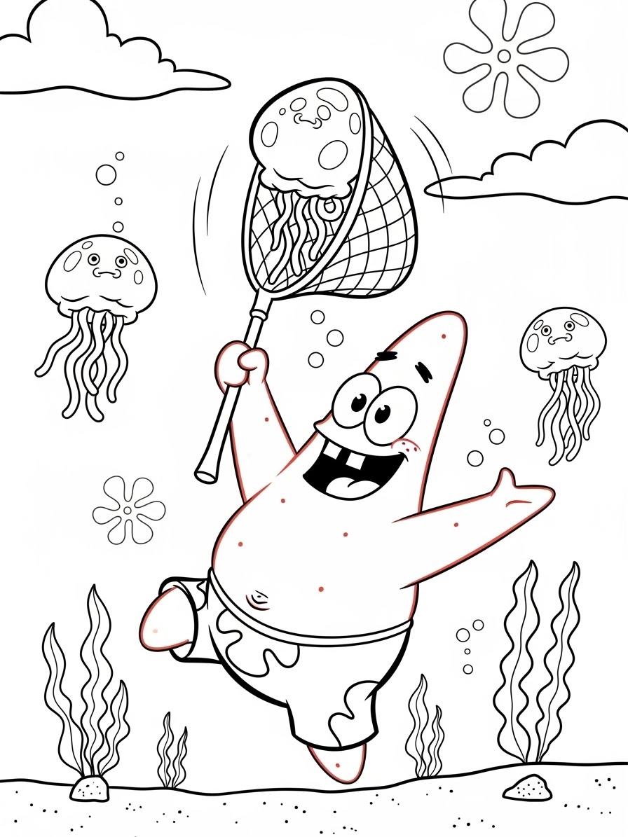 Desenho do Patrick Estrela Divertido com água-vivas para colorir