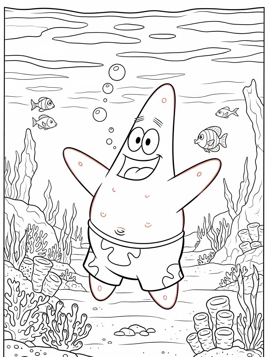 Desenho do Patrick Estrela Feliz no fundo do mar para colorir