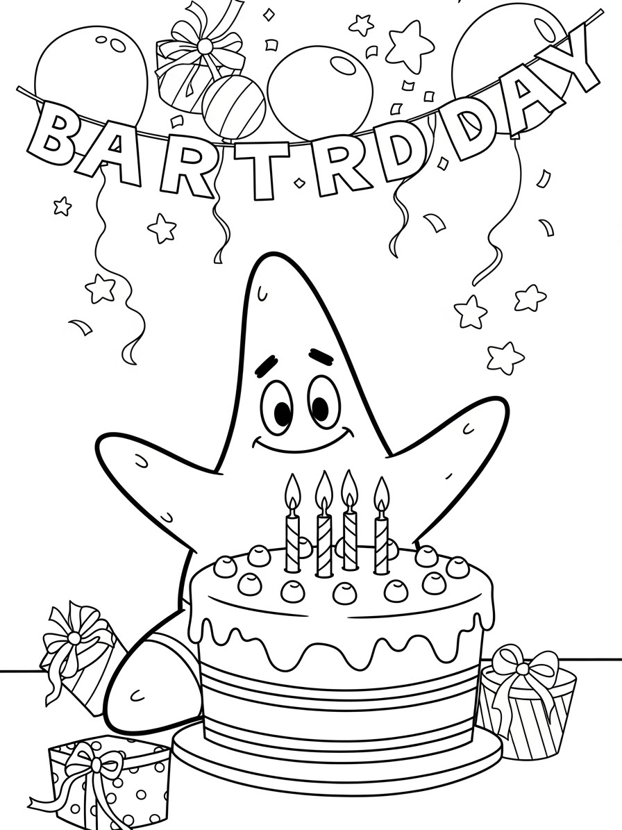 Desenho do Patrick Estrela com bolo de aniversário para colorir