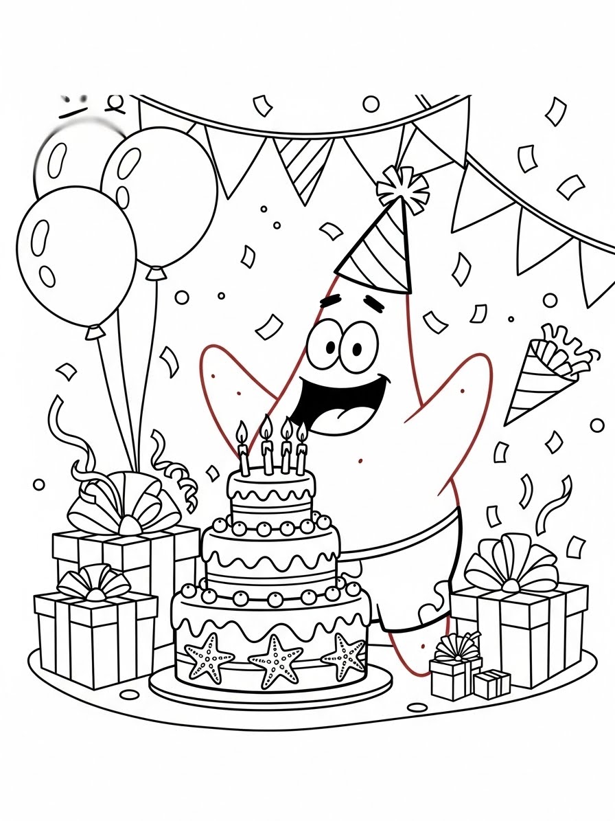 Desenho do Patrick Estrela Festeiro com bolo para colorir