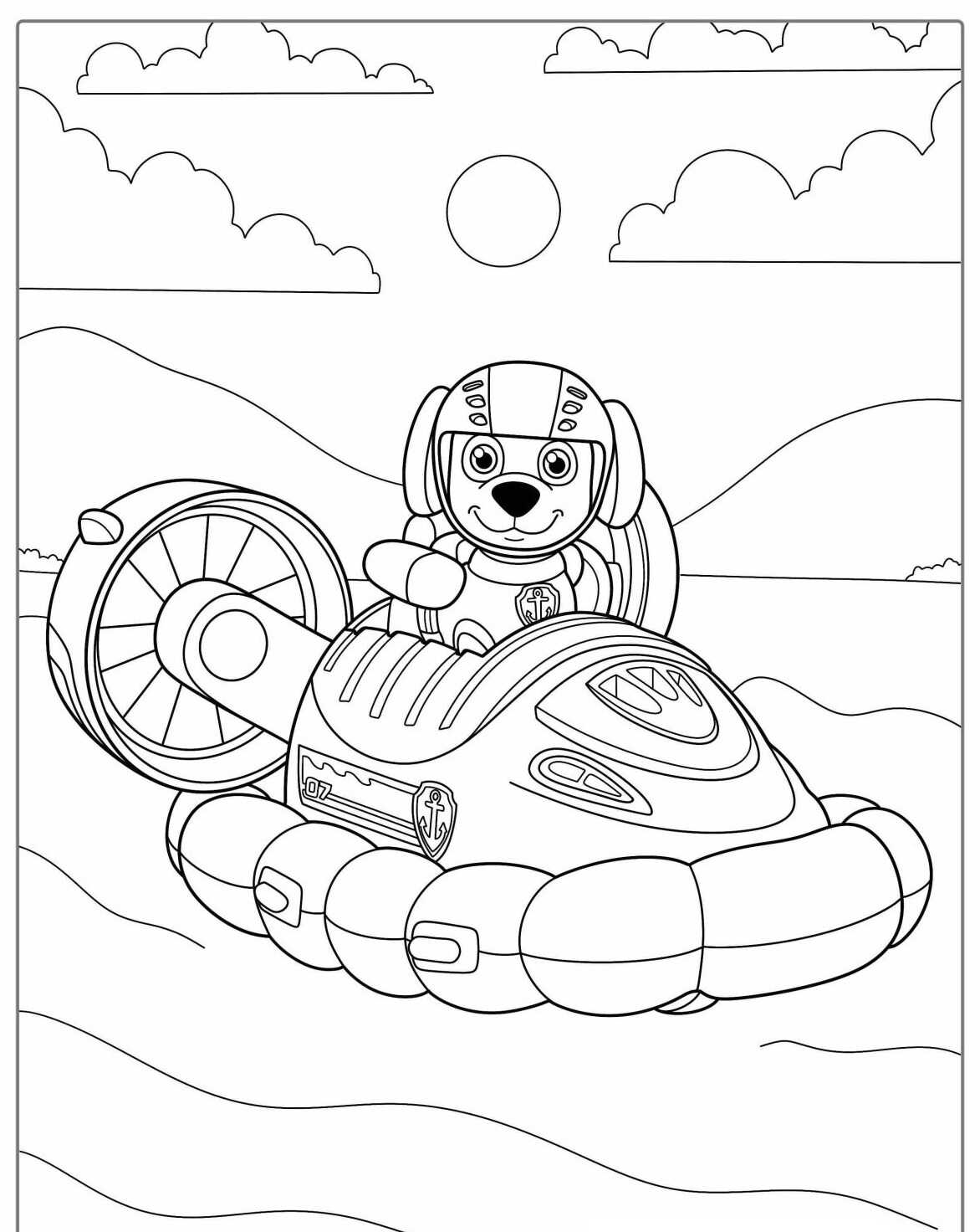 Desenho da Patrulha Canina Skye no hovercraft para colorir