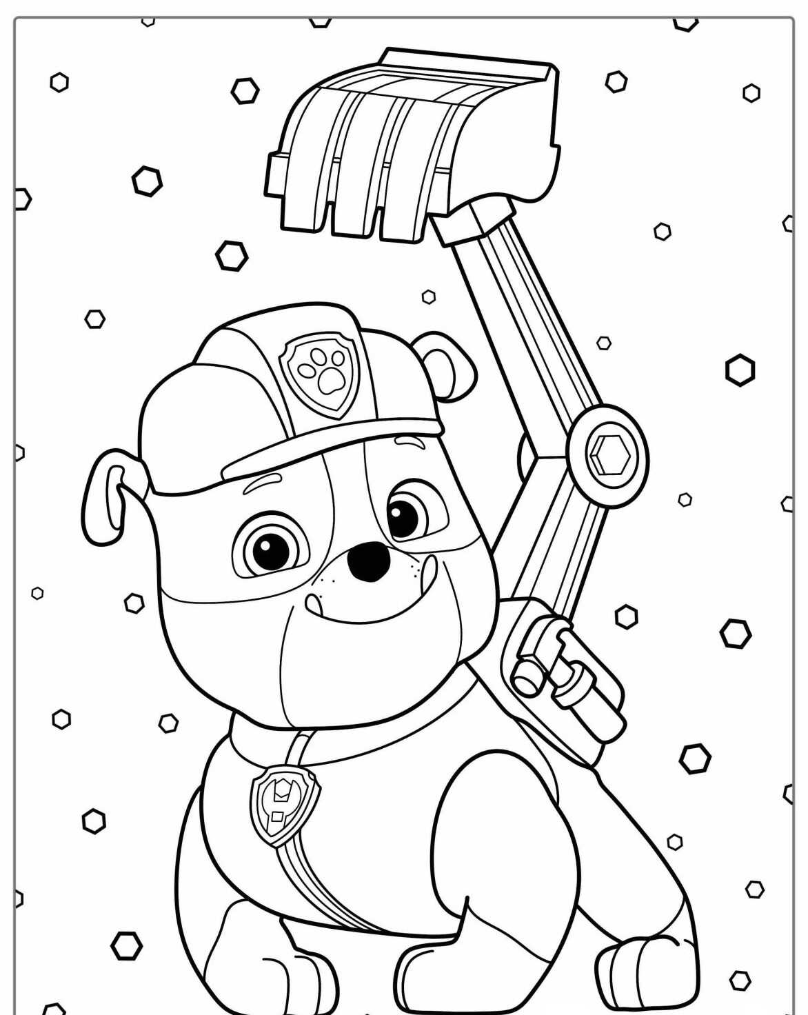 Desenho da Patrulha Canina Rubble com pá para colorir