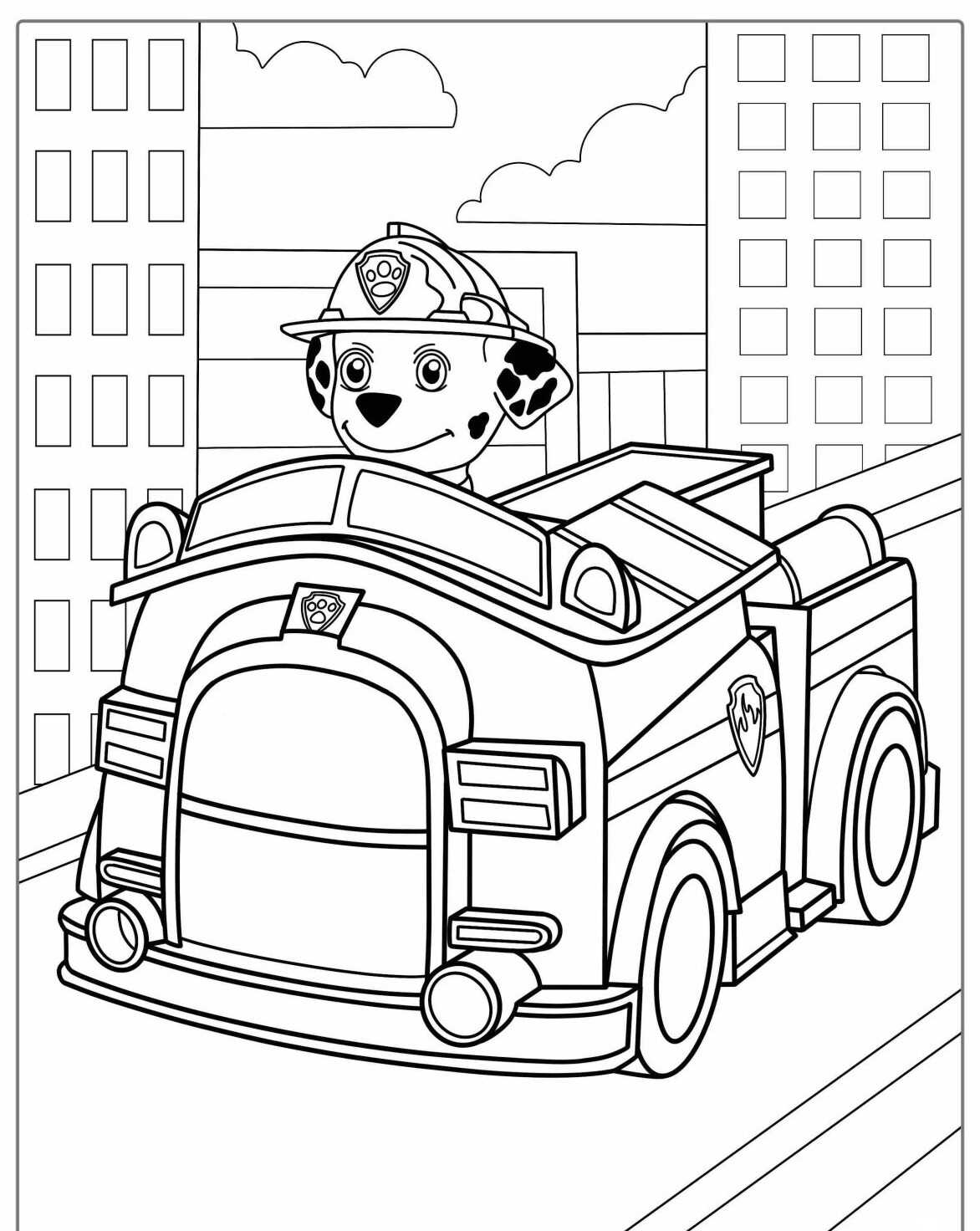 Desenho da Patrulha Canina Marshall no caminhão para colorir