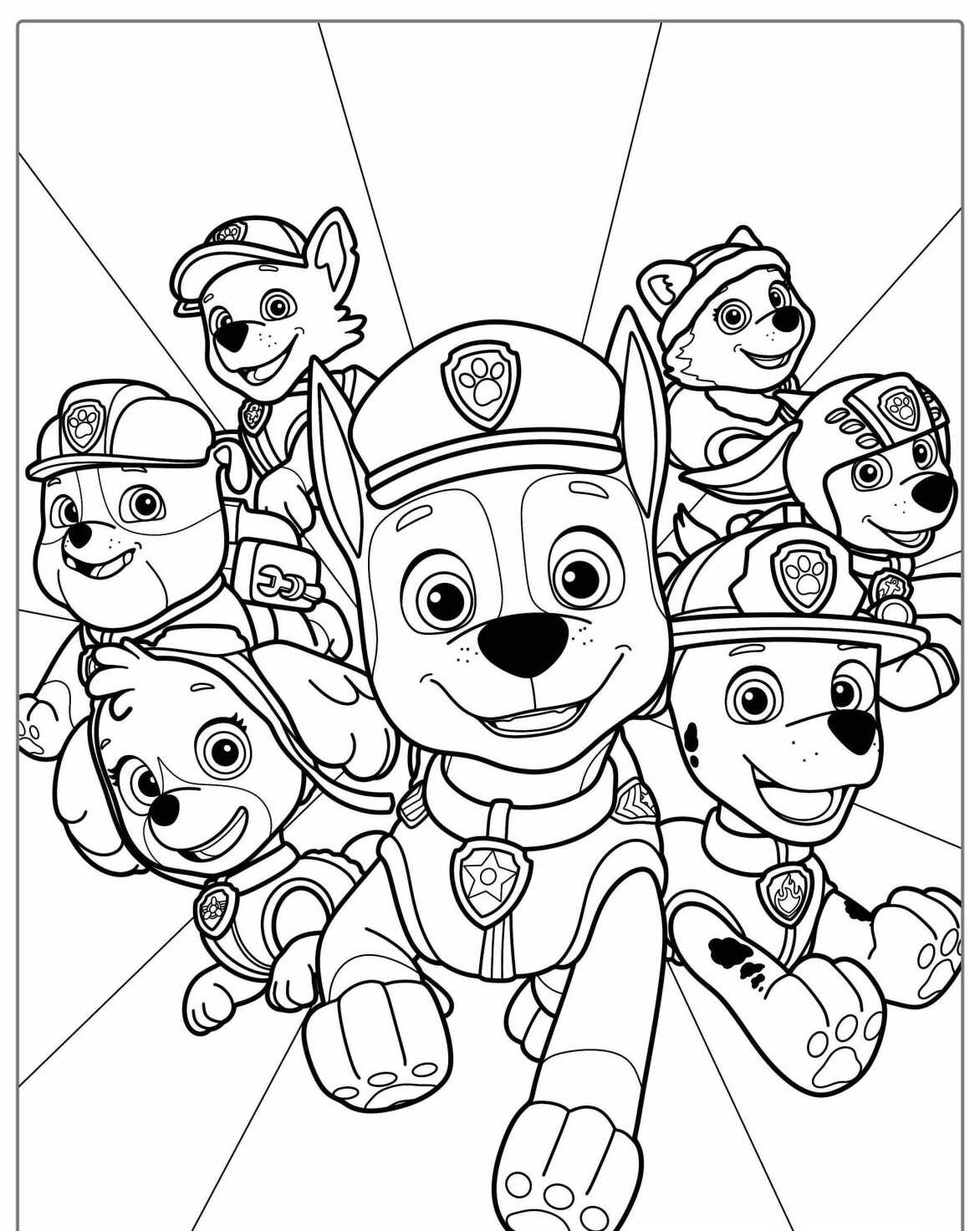 Desenho da Patrulha Canina com Chase Marshall Skye e Rubble para colorir