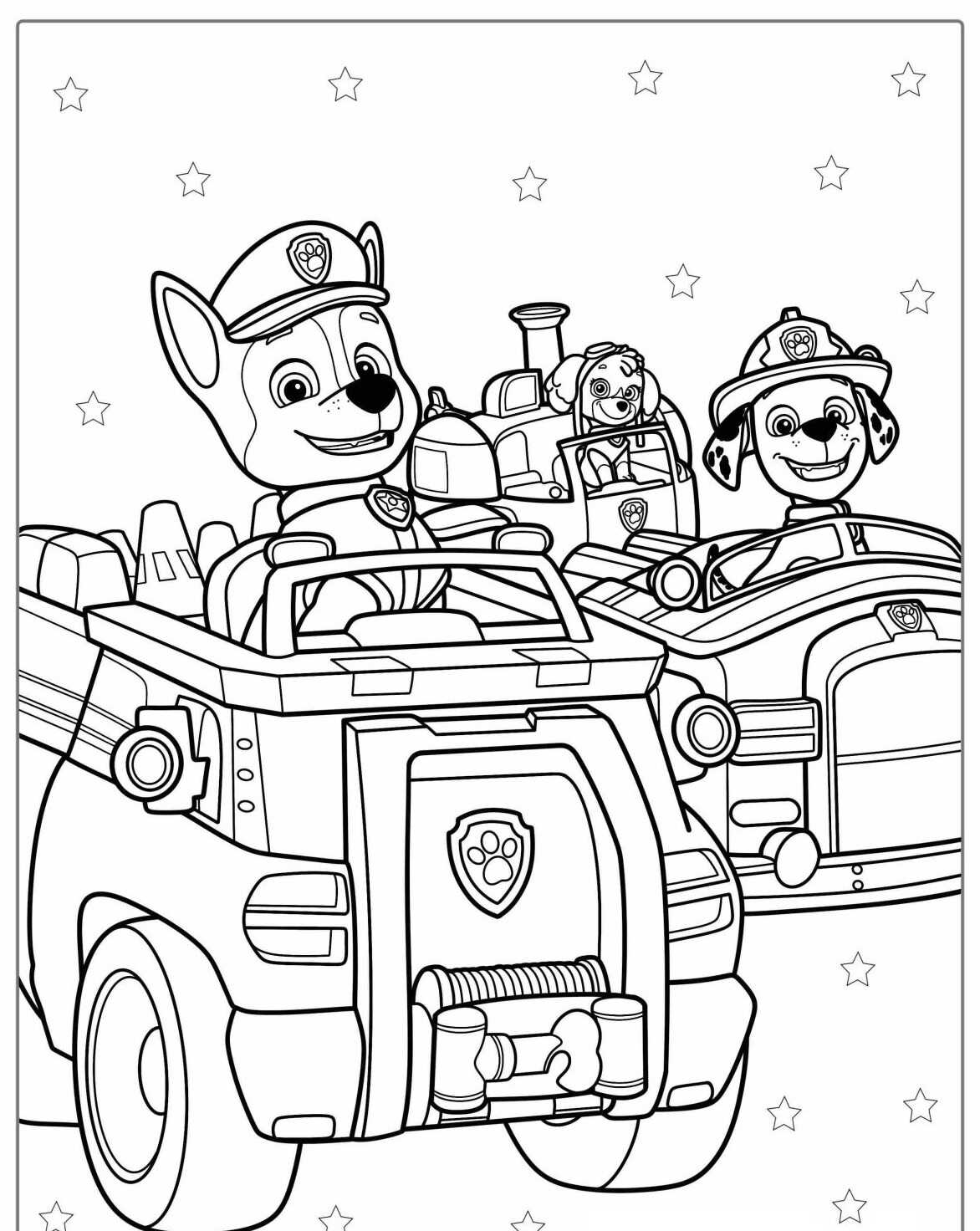Desenho da Patrulha Canina Chase e Skye em carros para colorir