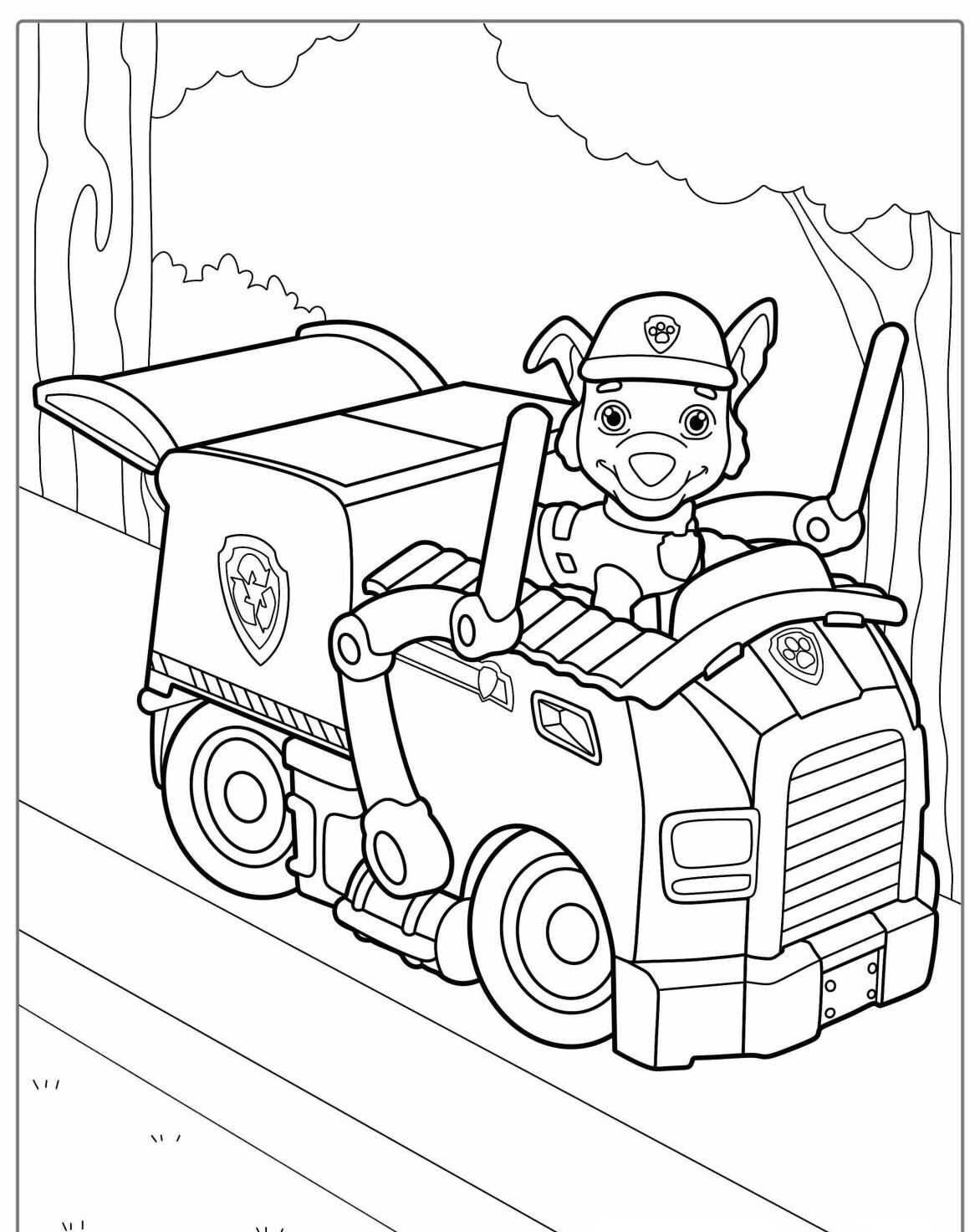 Desenho da Patrulha Canina Rubble no caminhão para colorir