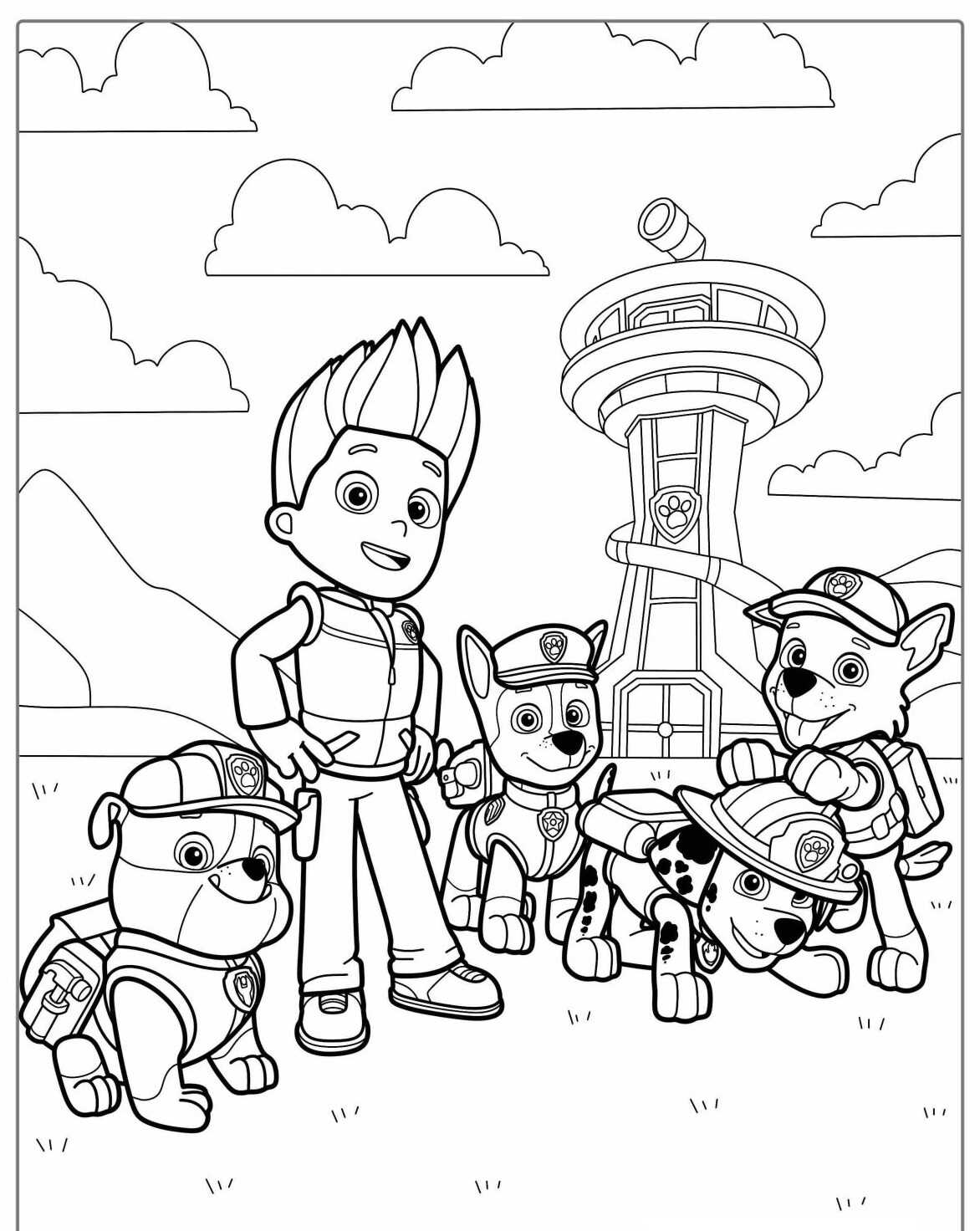 Desenho da Patrulha Canina com Ryder e seus amigos para colorir