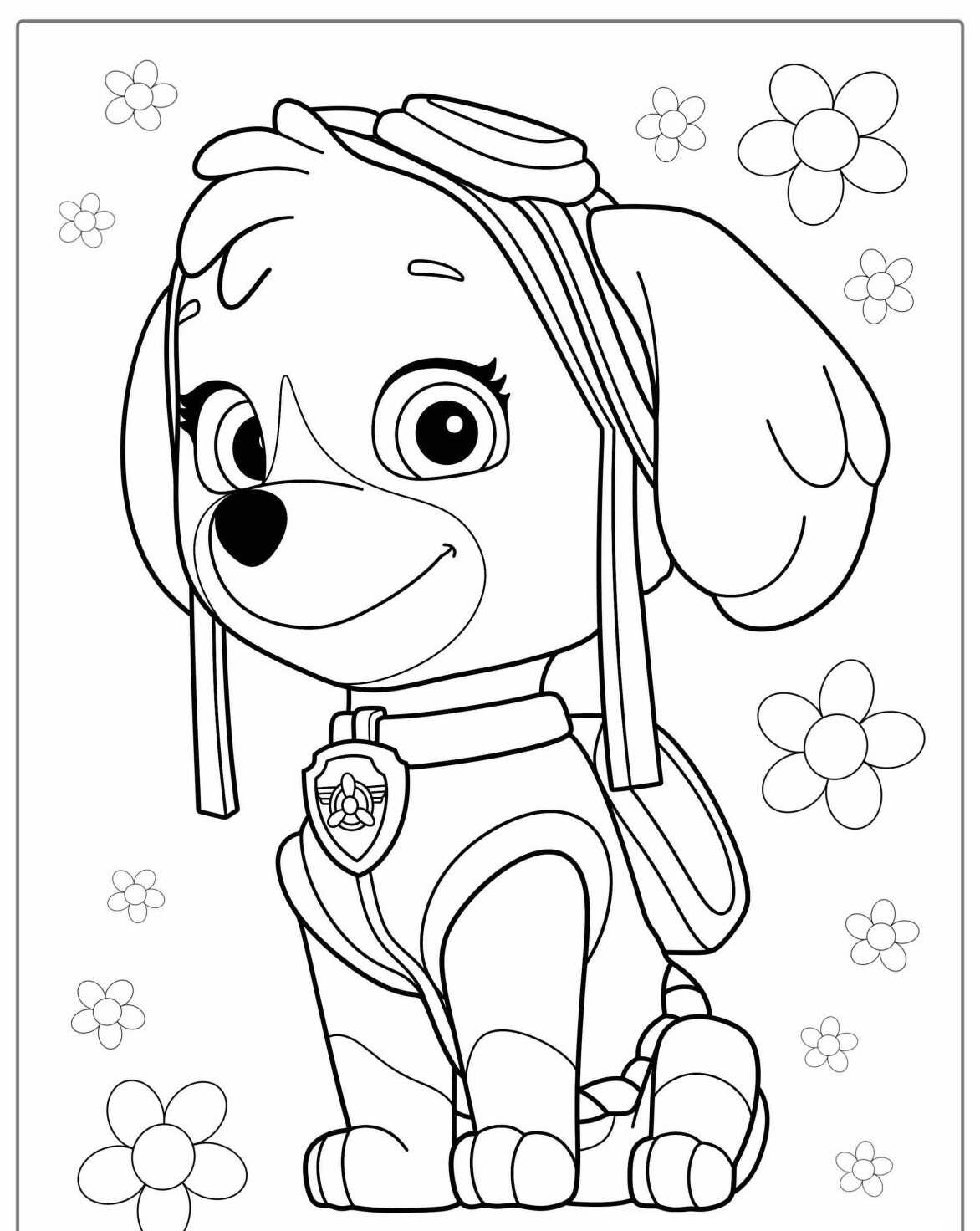 Desenho da Patrulha Canina Skye com flores para colorir