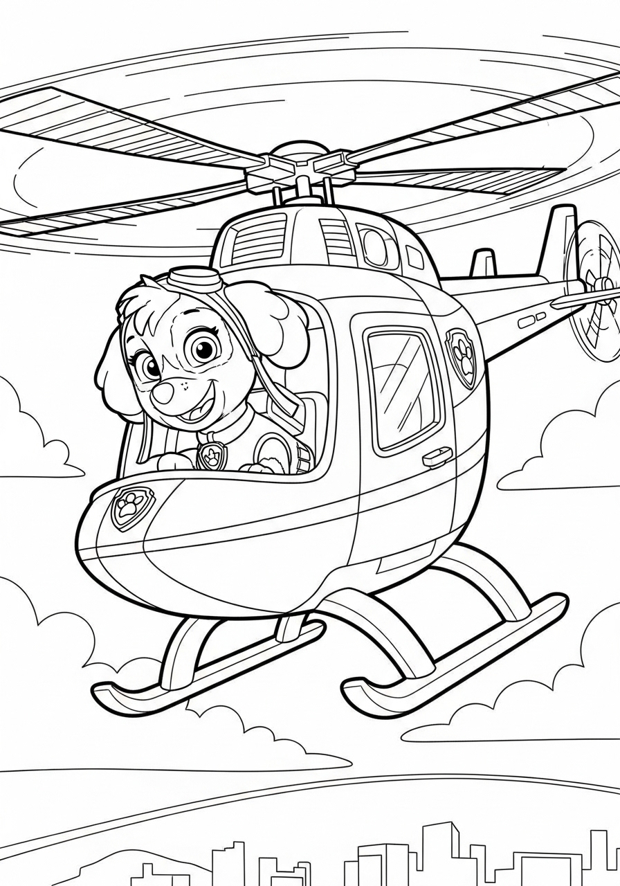 Desenho da Patrulha Canina Skye no helicóptero para colorir