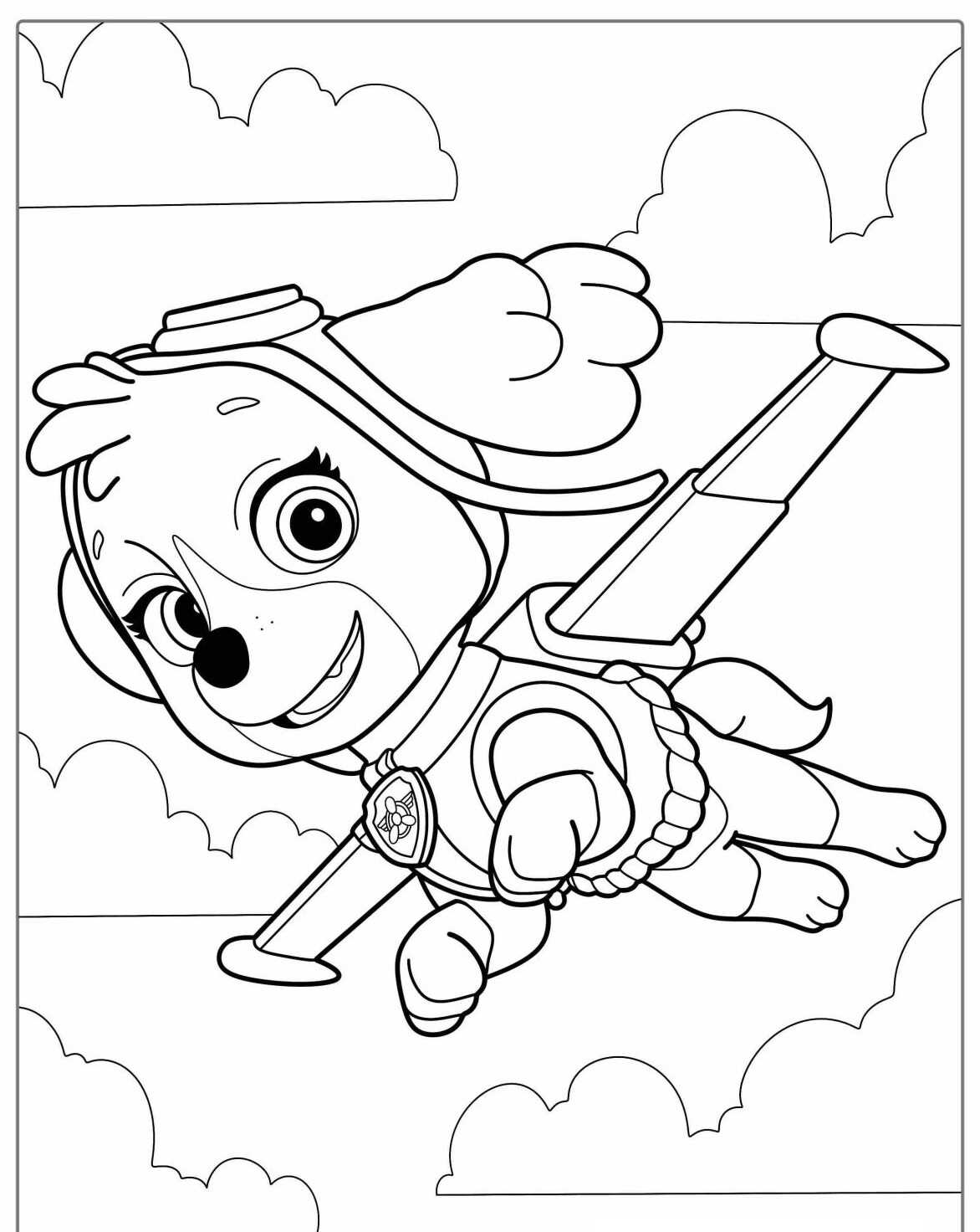 Desenho da Patrulha Canina Skye voando entre as nuvens