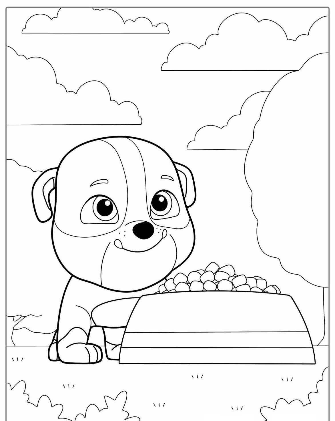 Desenho da Patrulha Canina Rubble com tigela de ração para colorir