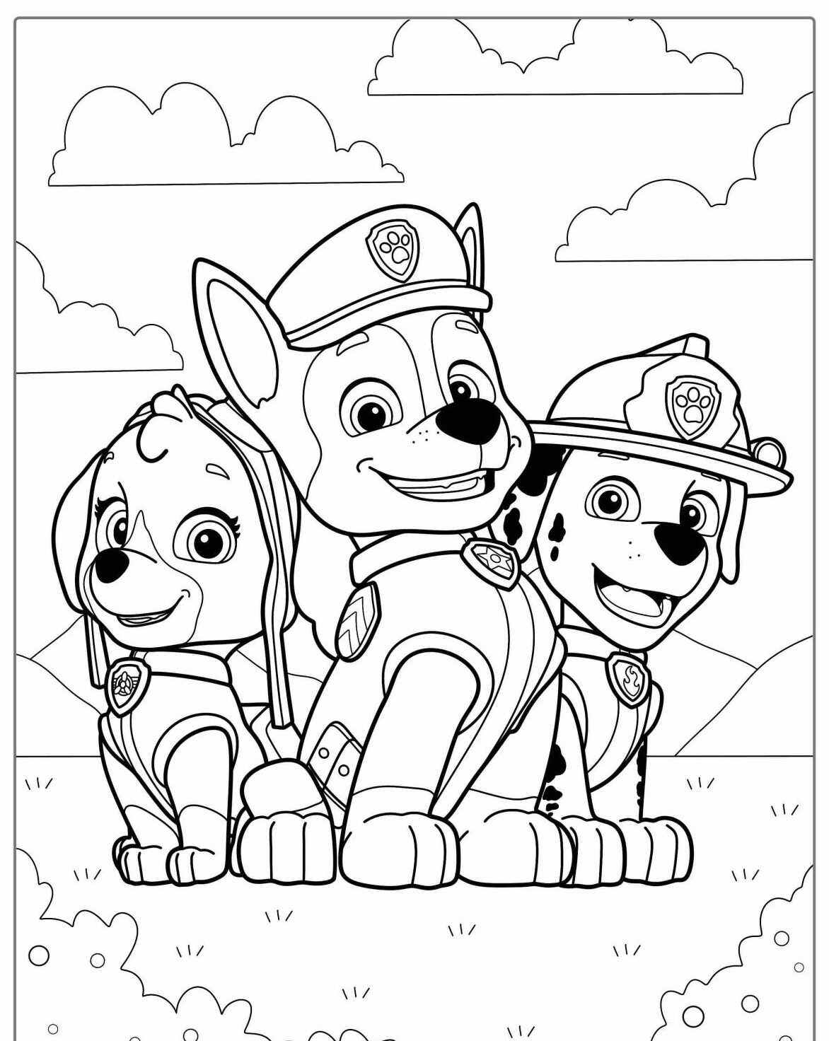 Desenho da Patrulha Canina Chase Skye e Marshall para colorir