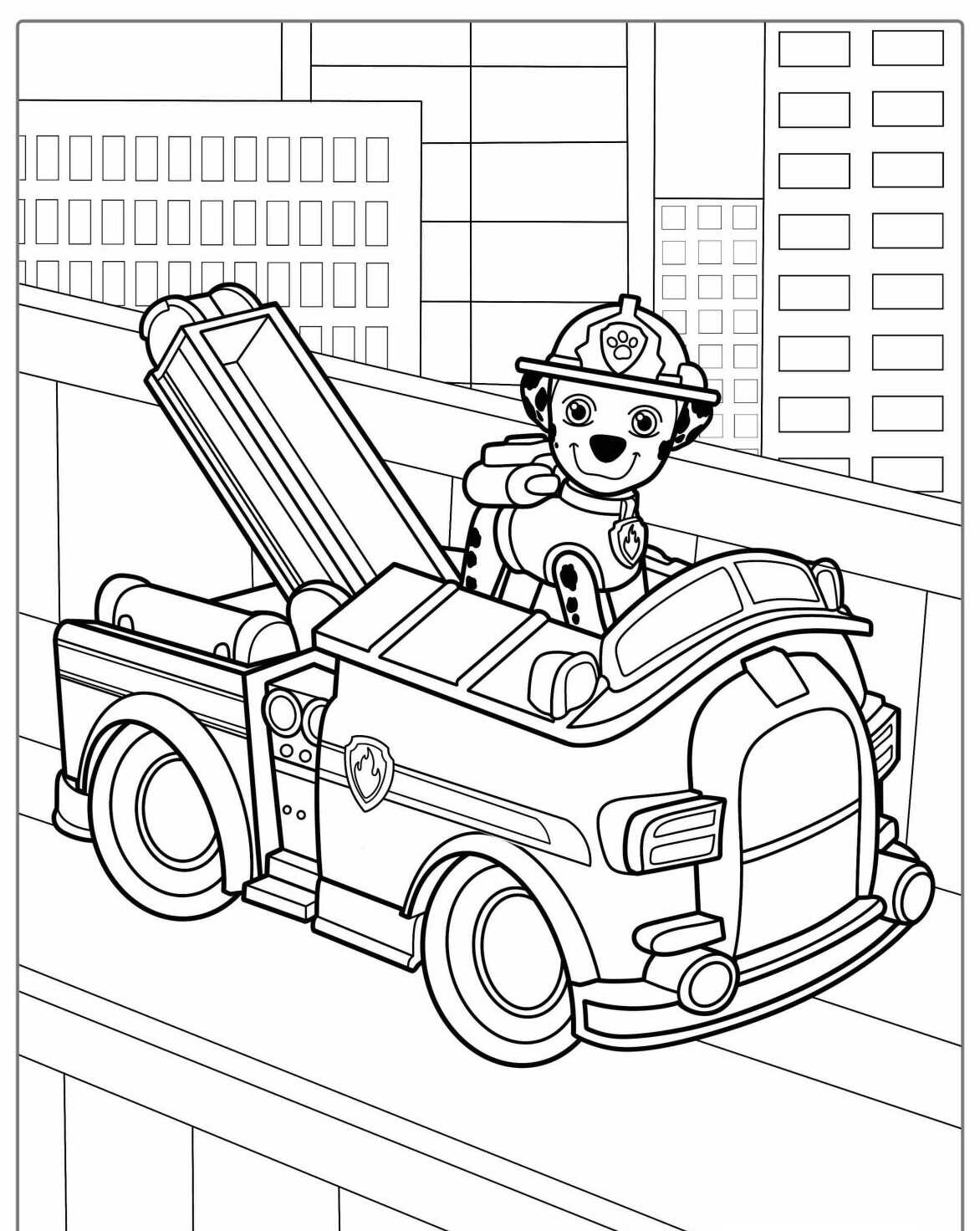 Desenho da Patrulha Canina Marshall no carro de bombeiros