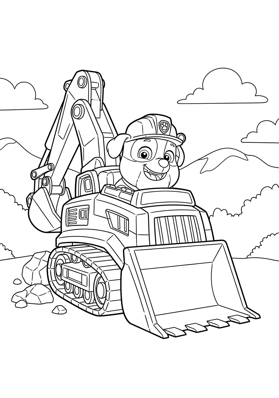Desenho da Patrulha Canina Rubble no caminhão de obras para colorir