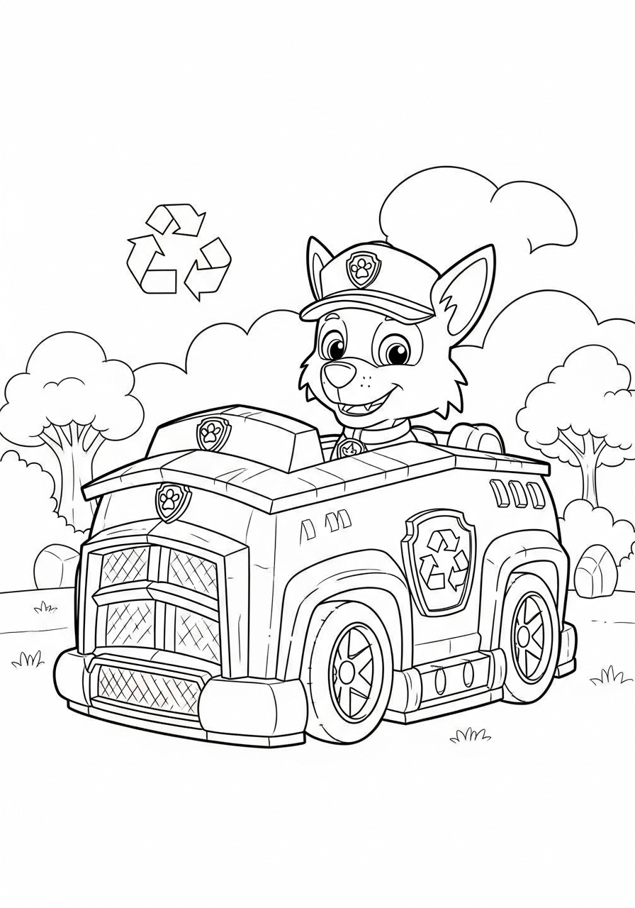 Desenho da Patrulha Canina Chase no caminhão de lixo para colorir