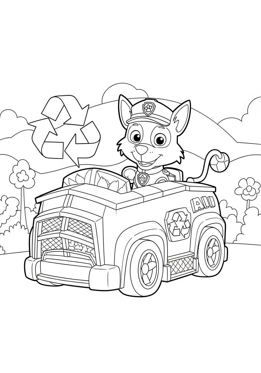 Desenho da Patrulha Canina Rubble no caminhão para colorir