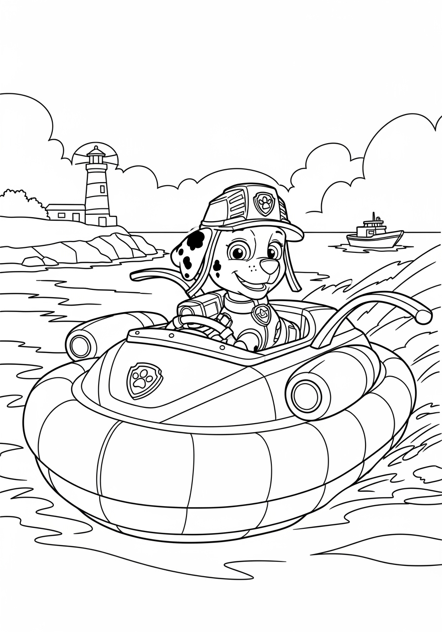 Desenho da Patrulha Canina Marshall no barco salva-vidas para colorir