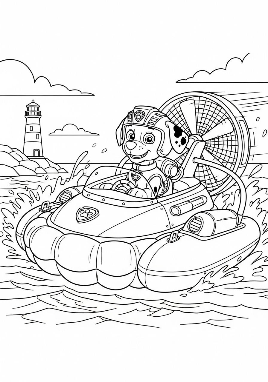 Desenho da Patrulha Canina Rubble em barco flutuante para colorir