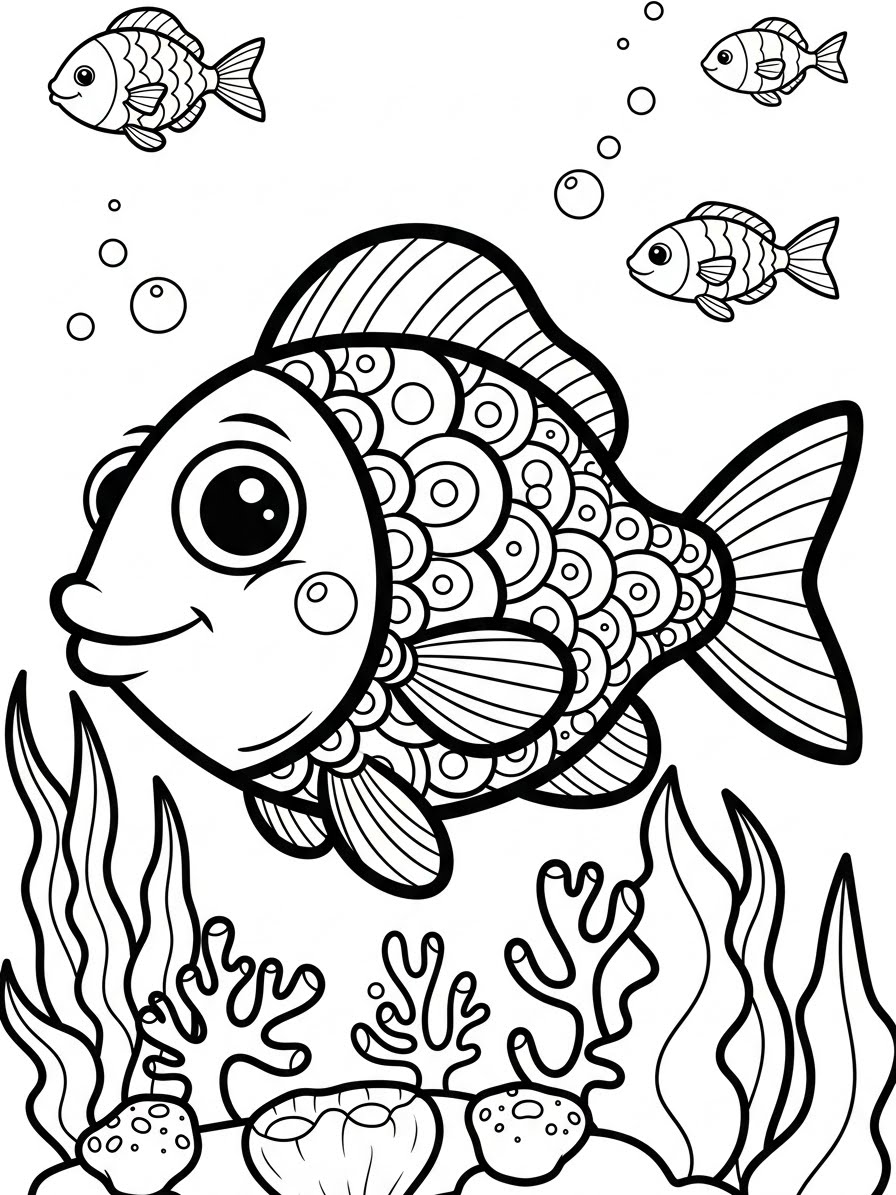 Desenho de Peixe Fofinho no mar para colorir