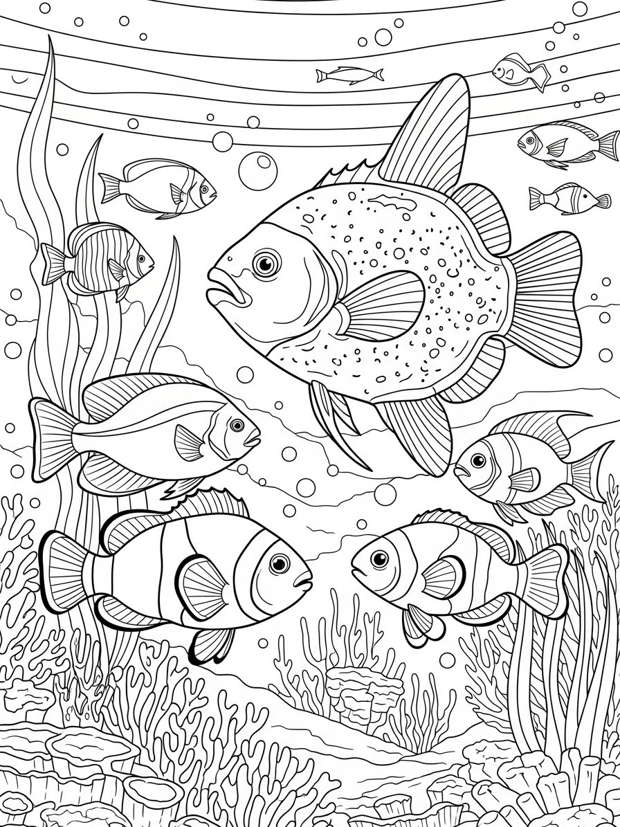 Desenho de Peixe Realista no fundo do mar para colorir