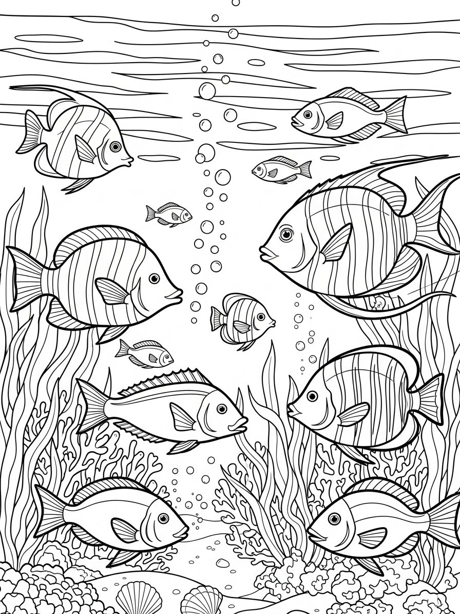 Desenho de peixes coloridos nadando no aquário para colorir