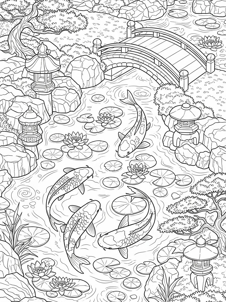 Desenho de Carpas em lago com pontes para colorir