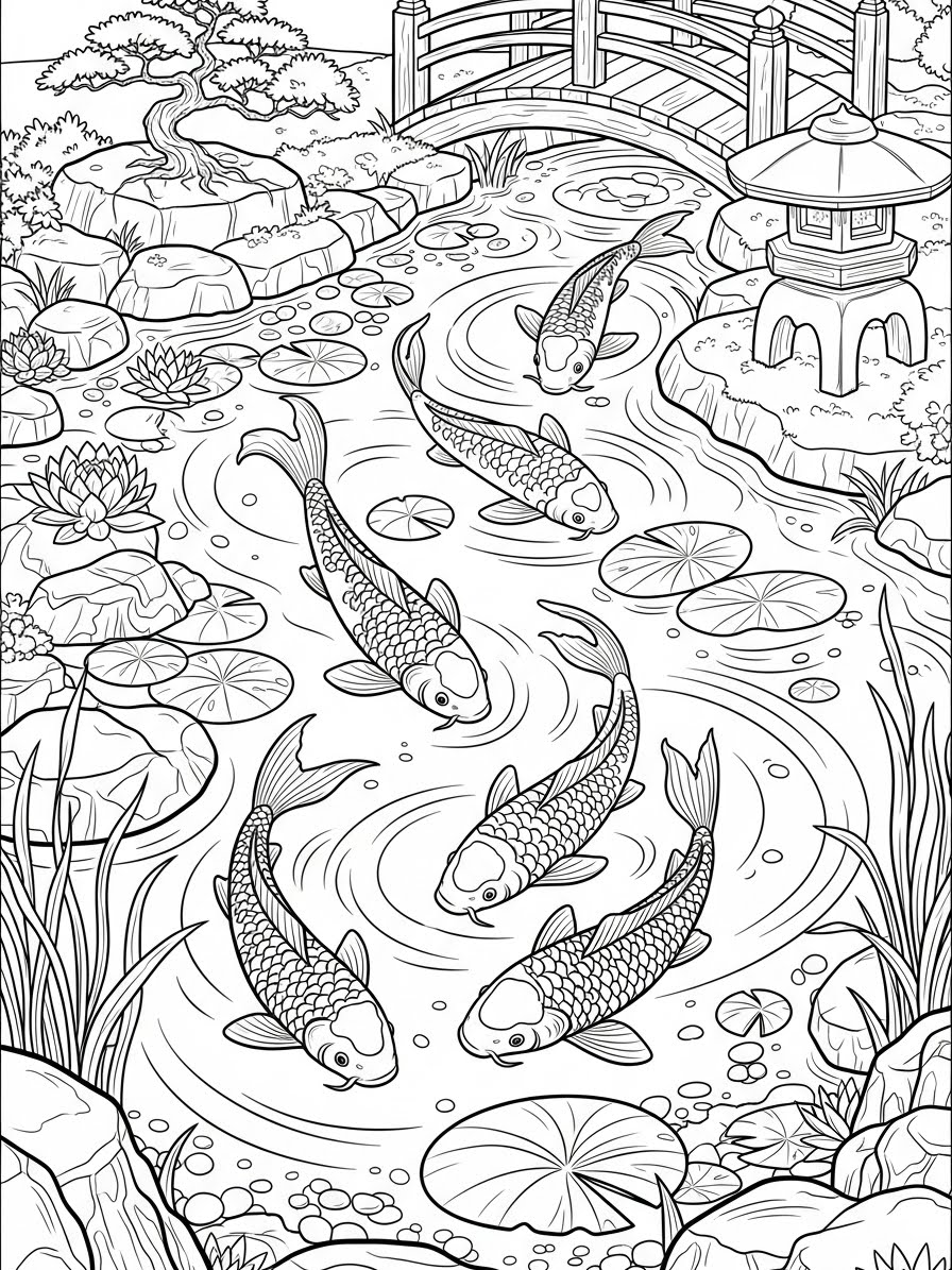 Desenho de Peixes no lago com ponte para colorir